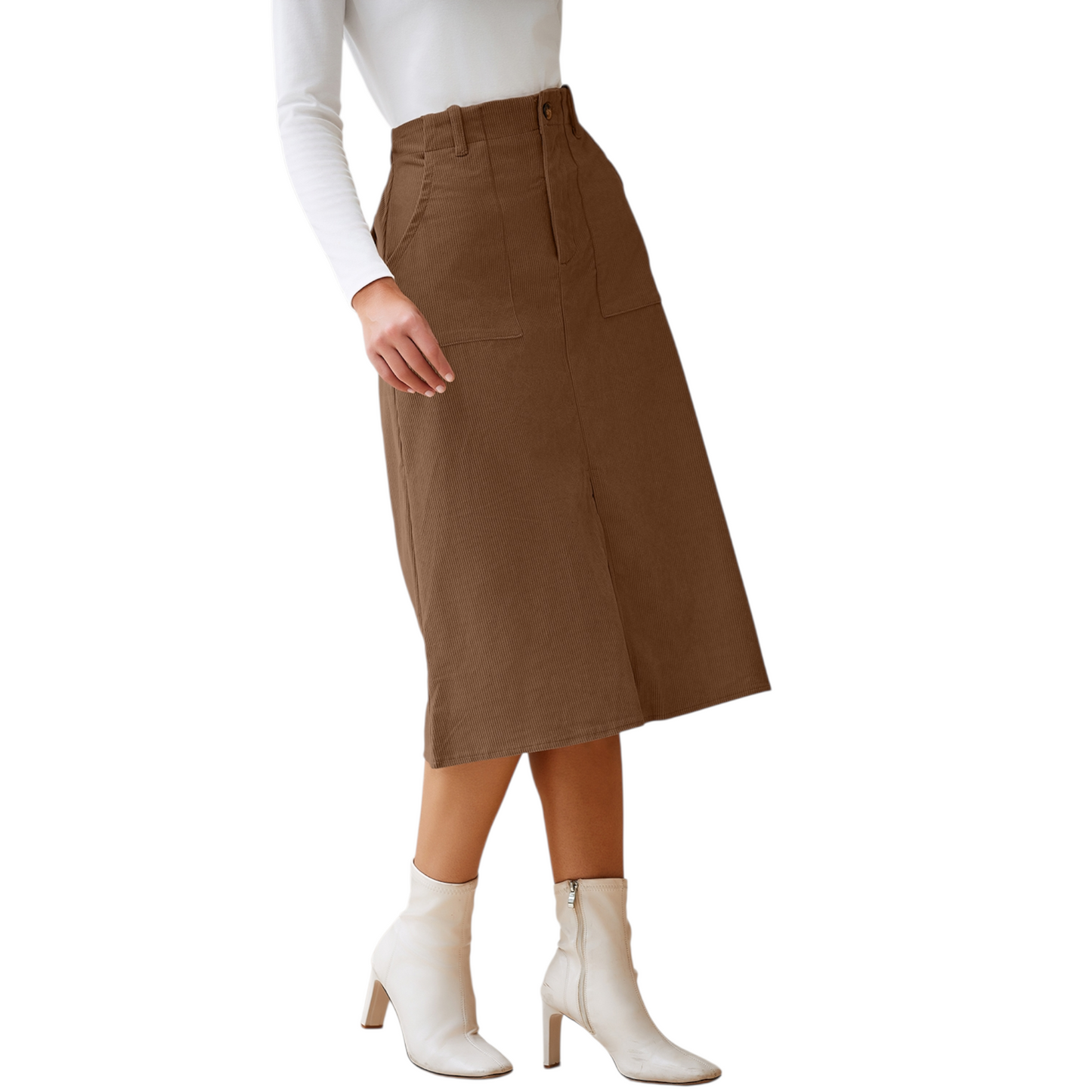 Brown skirt worn by a person on a white background