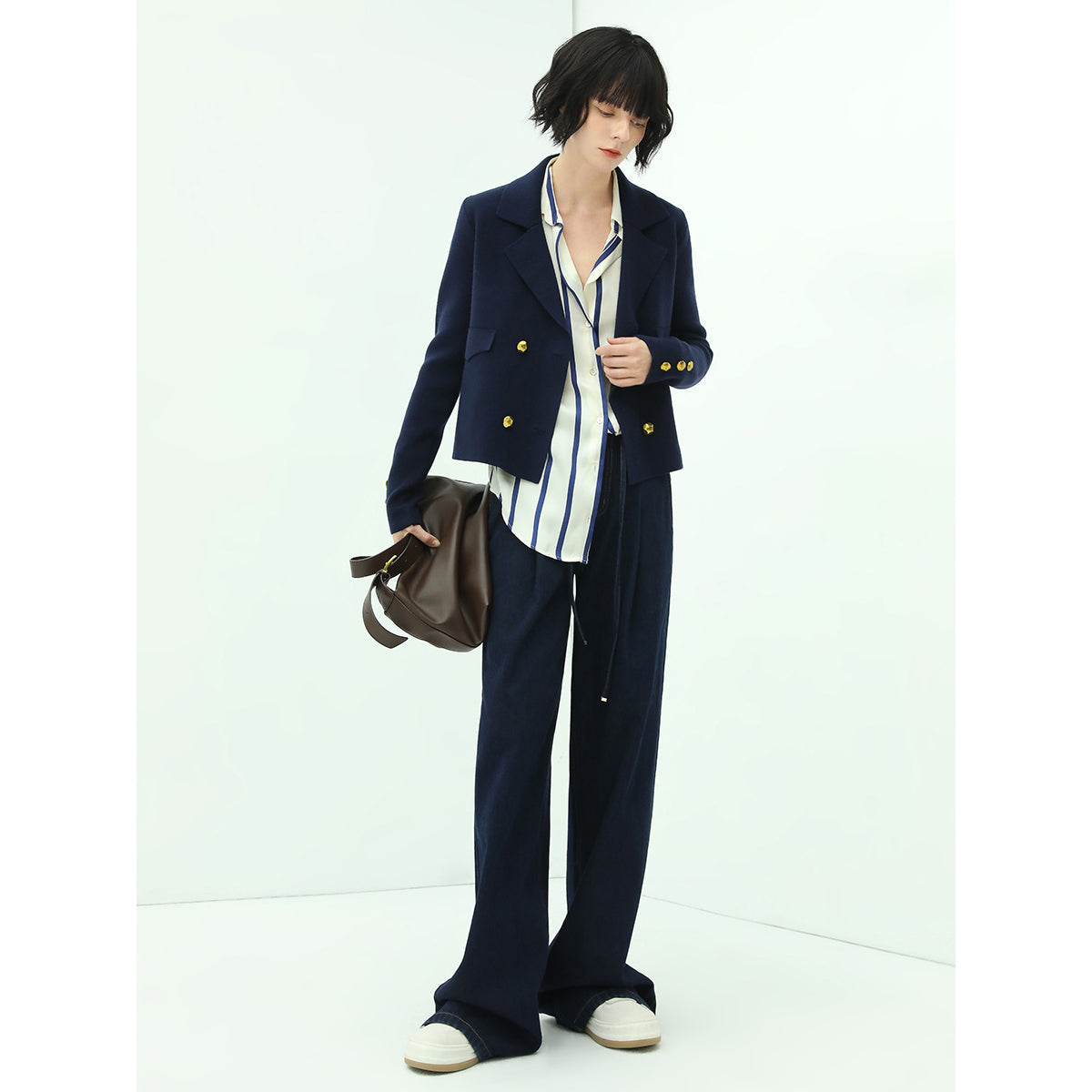 Cropped Double Breasted Knitted Navy Blazer-2