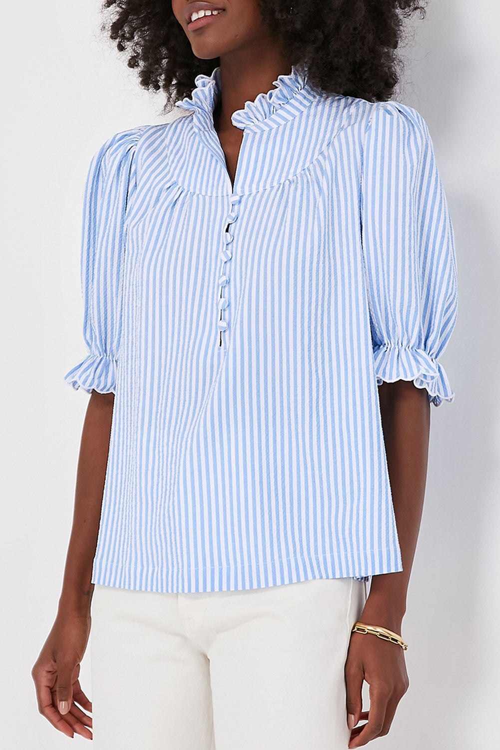 Women's Blue Striped Ruffle Top - Catherine Martin