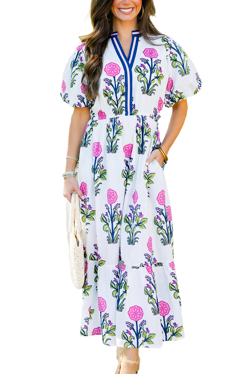 Sky Blue Floral Ruffle Midi Dress - white colour, front view, against white background.