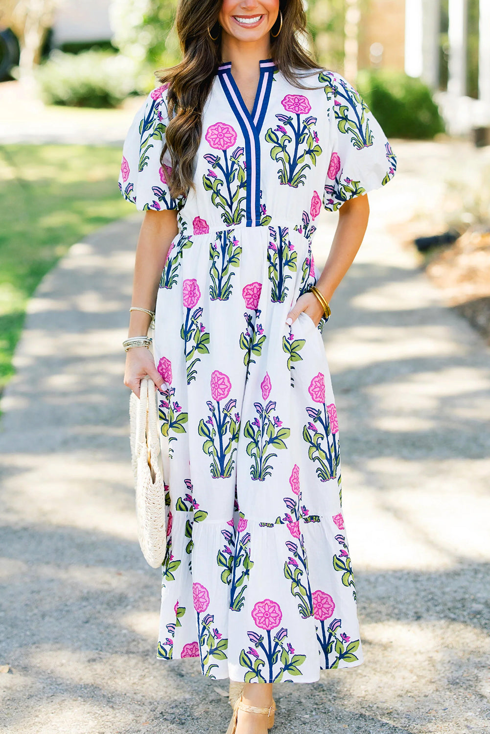 Sky Blue Floral Ruffle Midi Dress - white colour, front view.