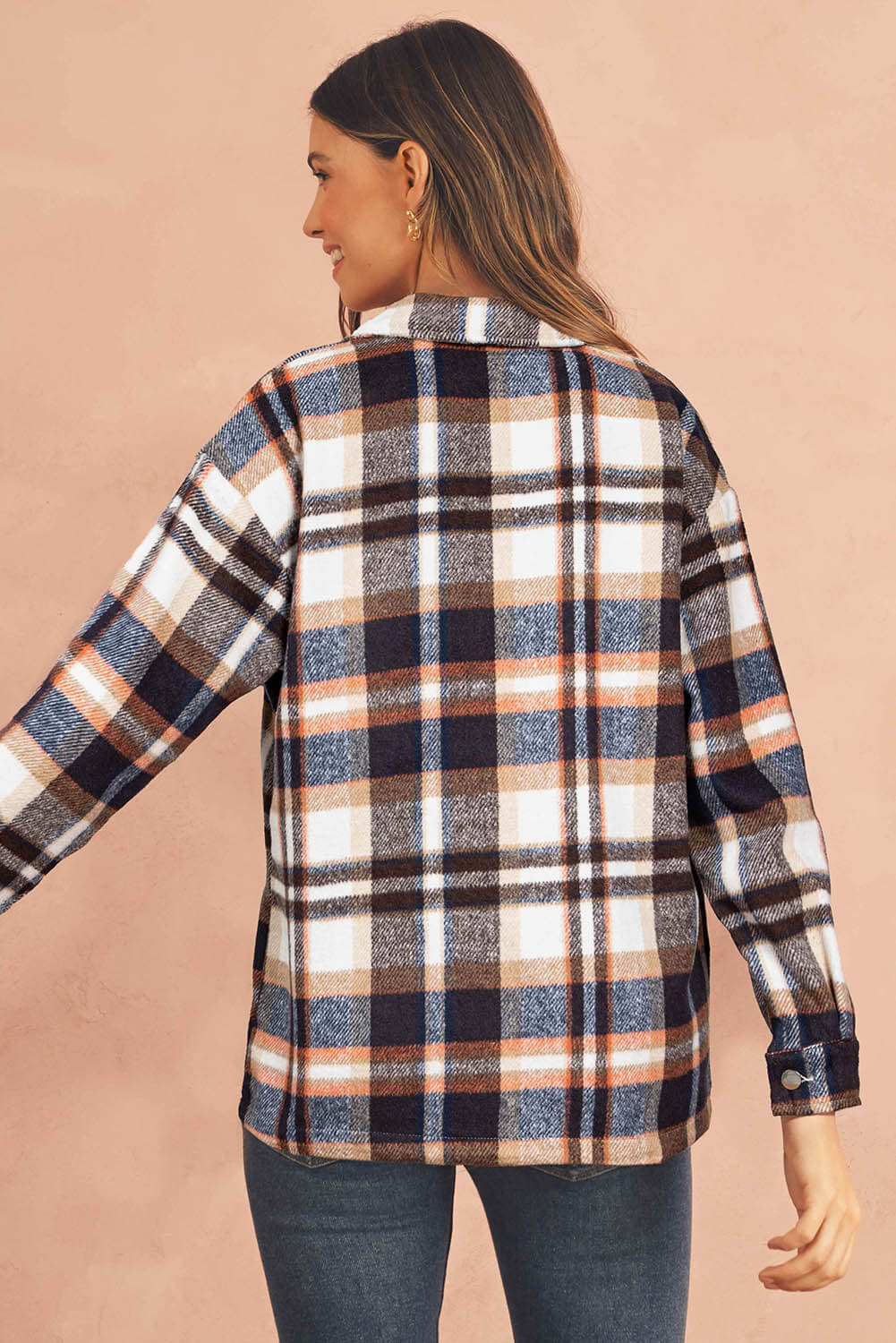 Women's Chic Plaid Flannel Shirt - Blue colour. Back view.