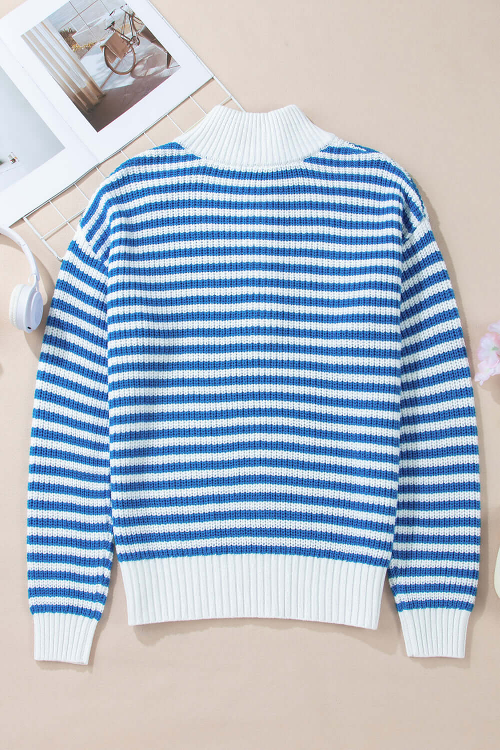 Women's Blue Striped Collar Jumper - Back view, flat lay.