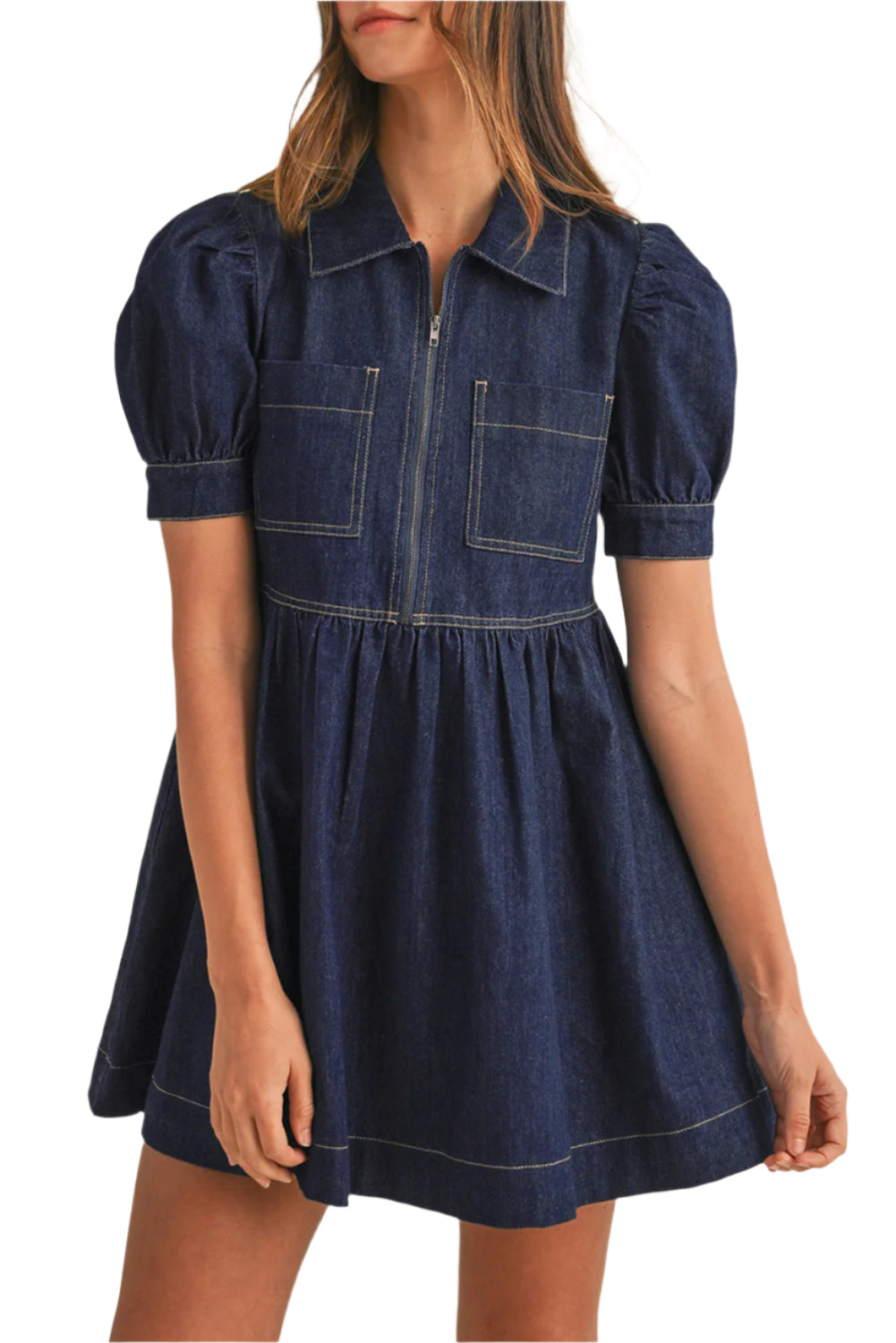 Dark Blue Denim Flowy Dress - Pockets, Puff Sleeves from Catherine Martin.