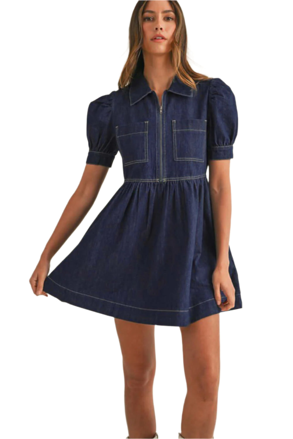 Dark Blue Denim Flowy Dress - Pockets, Puff Sleeves from Catherine Martin. Full view.