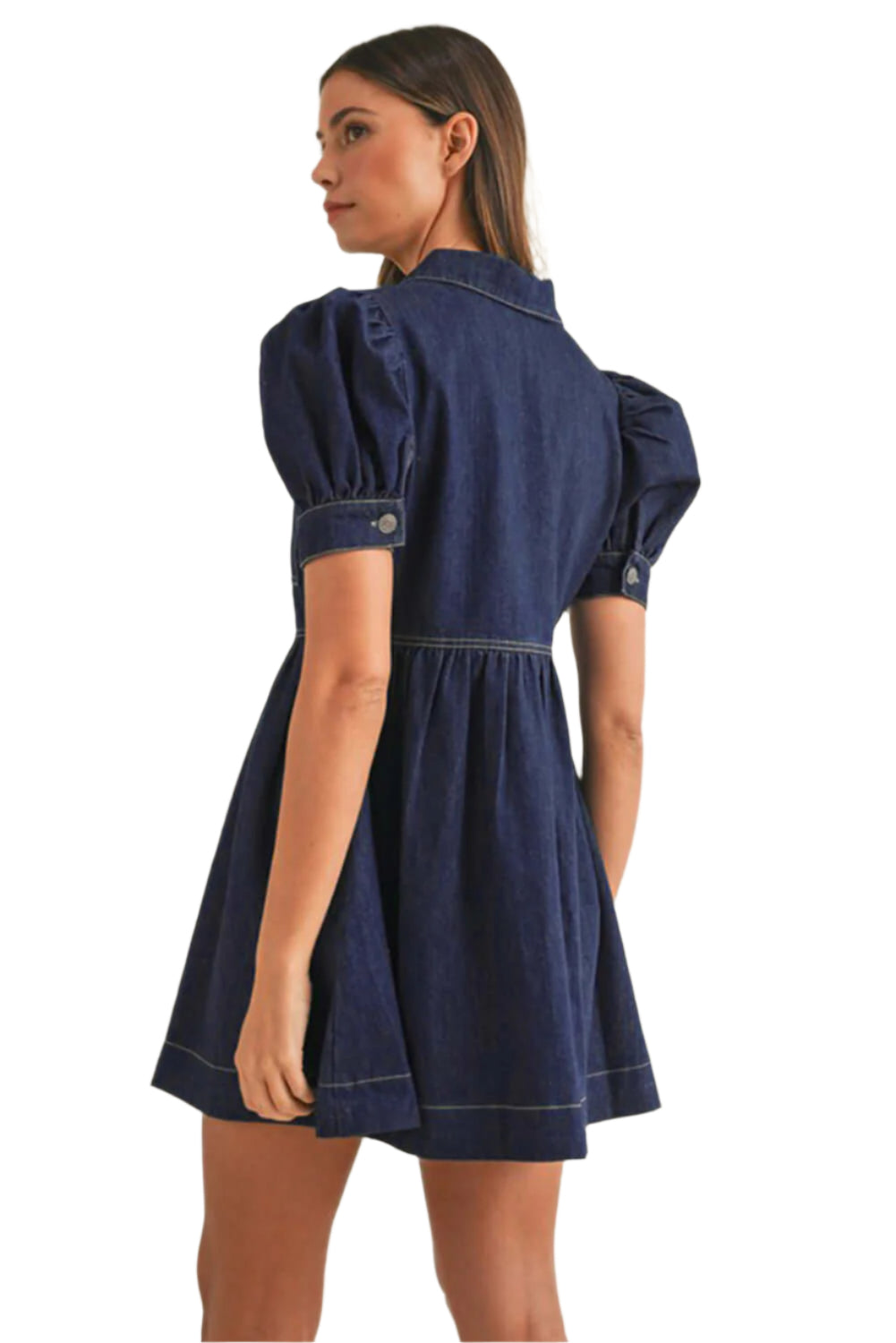 Dark Blue Denim Flowy Dress - Pockets, Puff Sleeves from Catherine Martin. Side view.