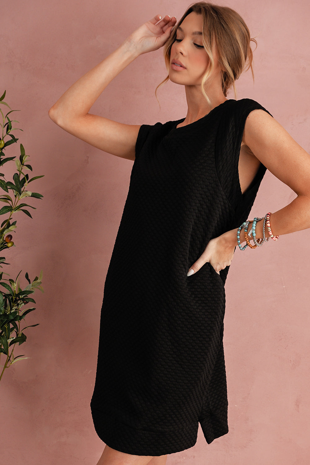 Textured Cap Sleeve Mini Dress