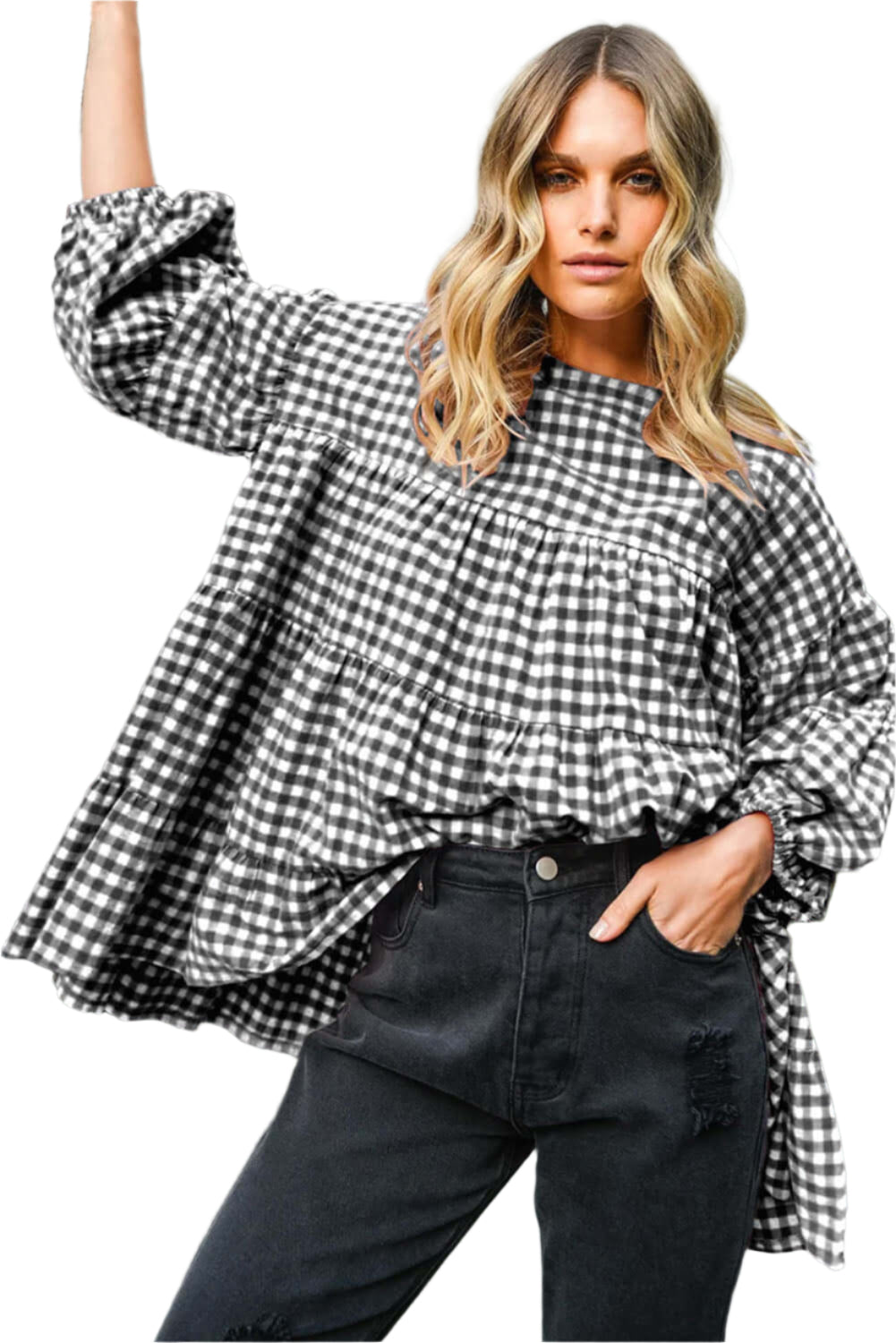 Black Plaid Tiered Oversized Blouse - Catherine Martin