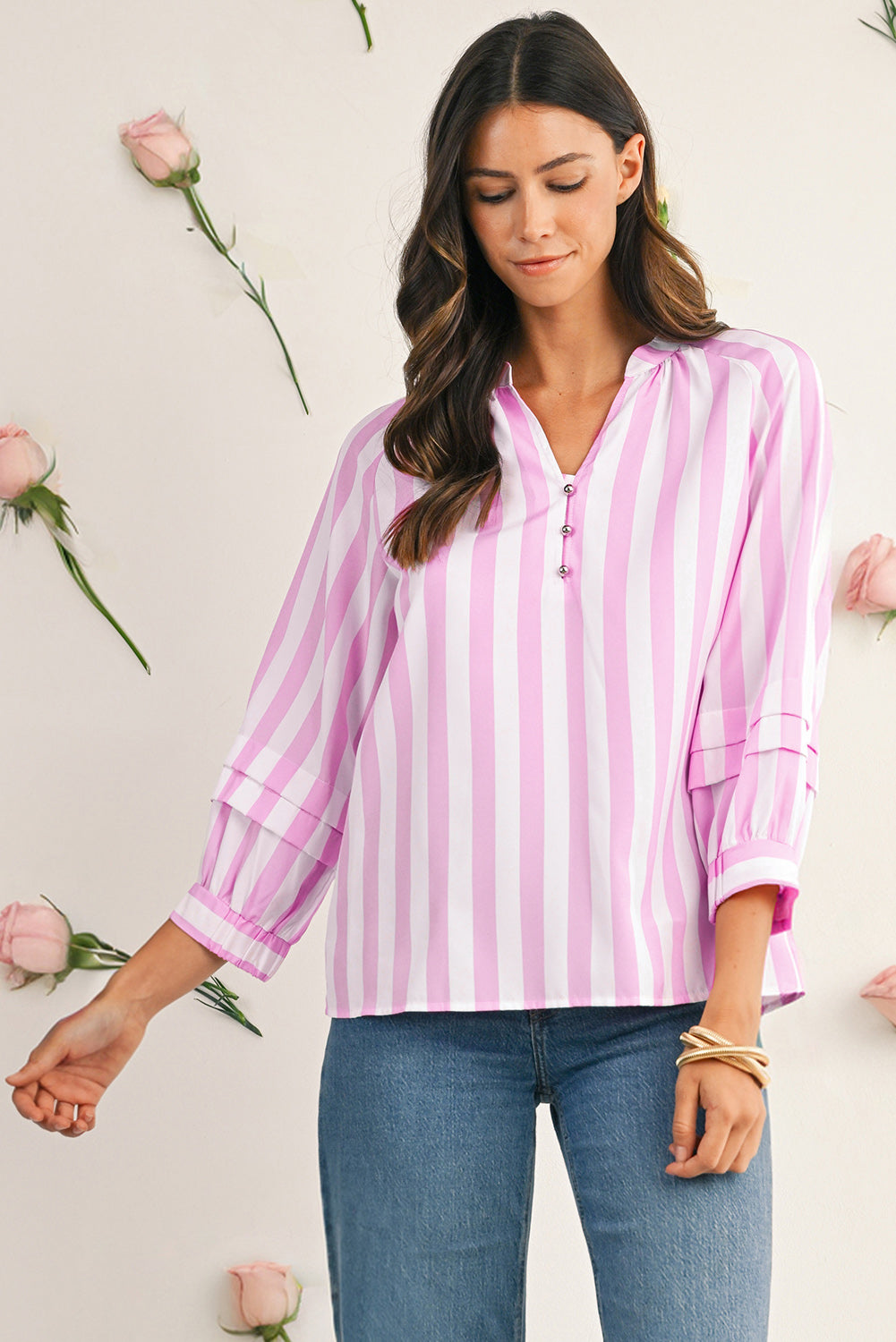 Pink and White Striped V-Neck Raglan Sleeve Blouse