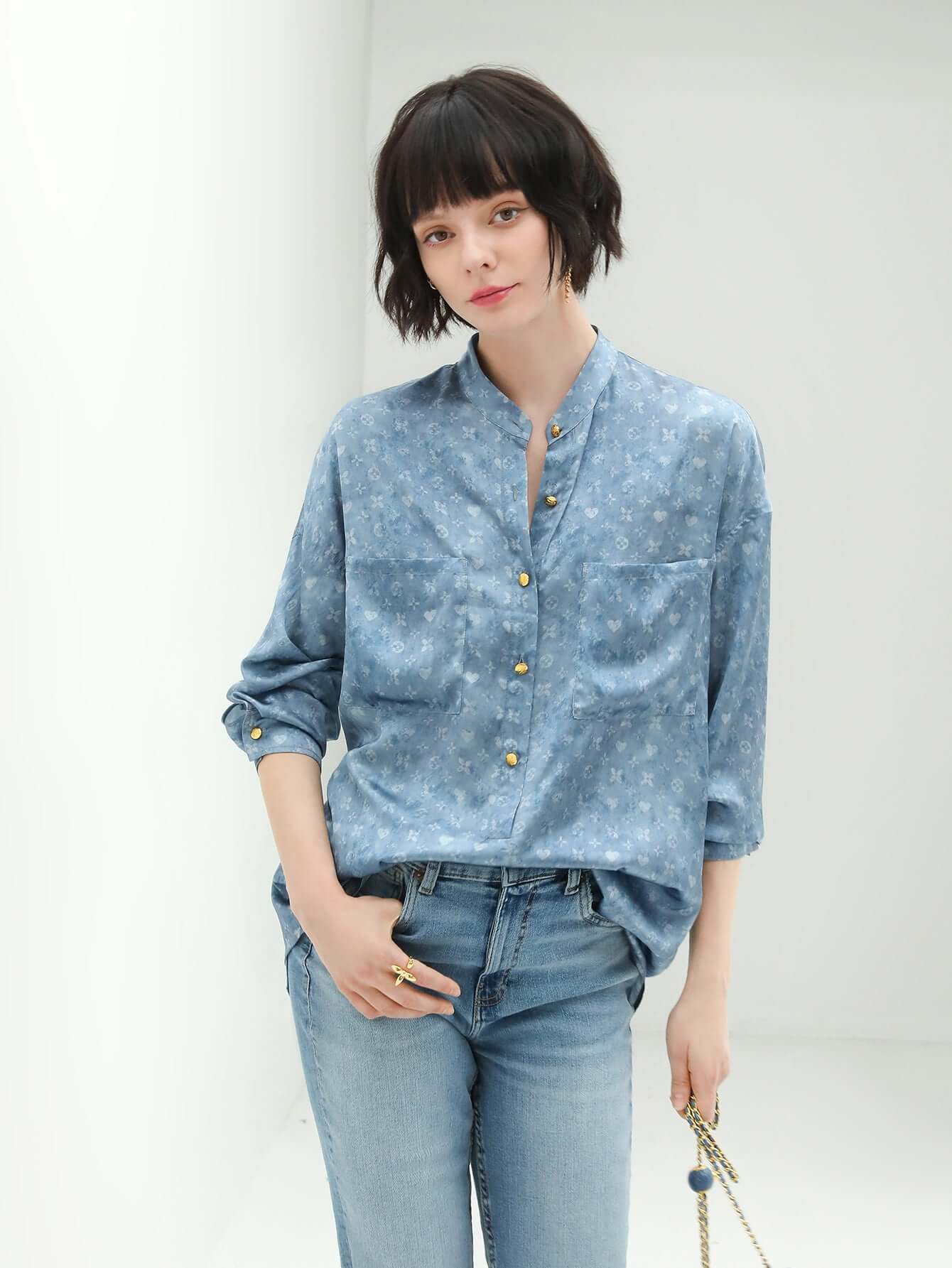 Denim Blue Monogram Silk Satin Shirt-1