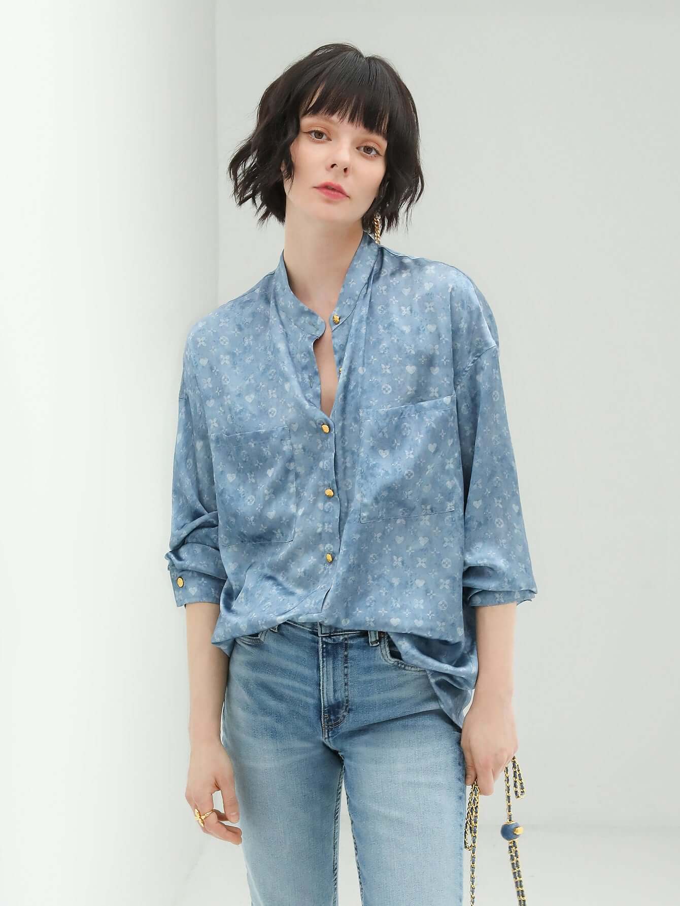 Denim Blue Monogram Silk Satin Shirt-2