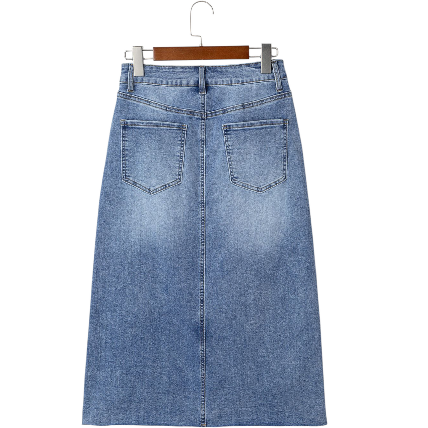 Blue denim skirt on a hanger against a white background