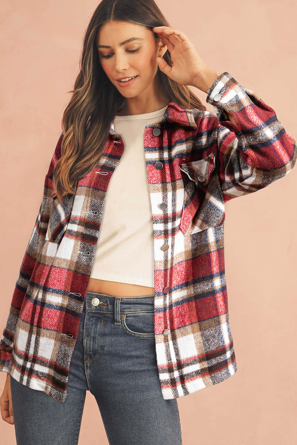 Women's Chic Plaid Flannel Shirt - Red colour. Full front view.