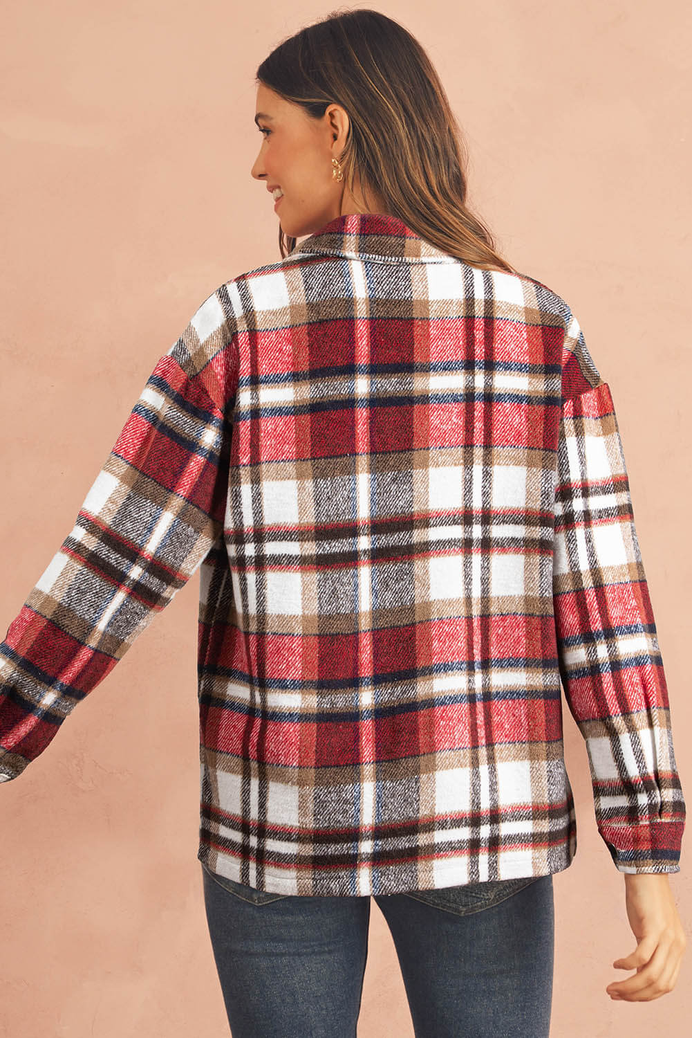Women's Chic Plaid Flannel Shirt - Red colour. Back view.