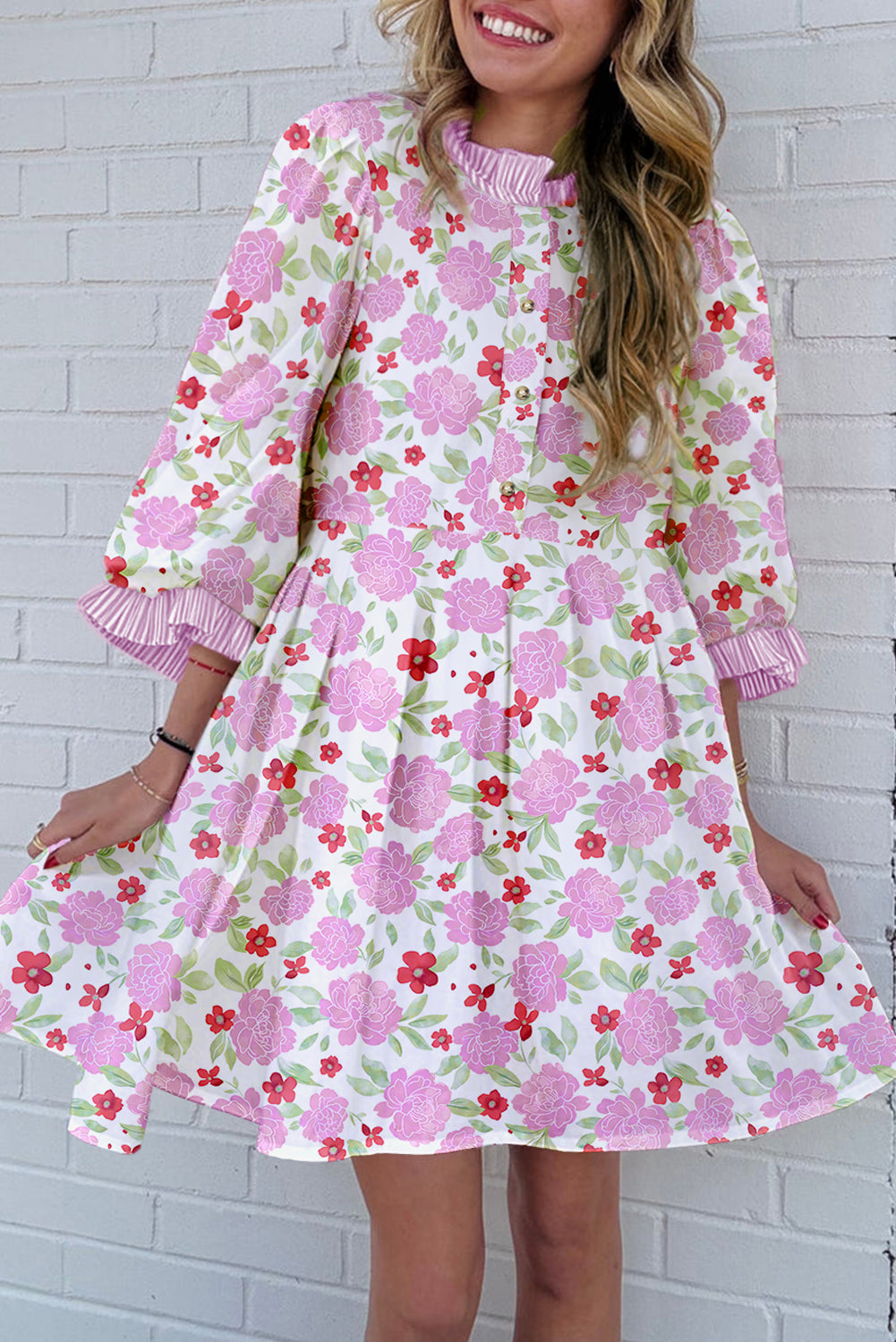 Floral Print Ruffle Neck Mini Dress