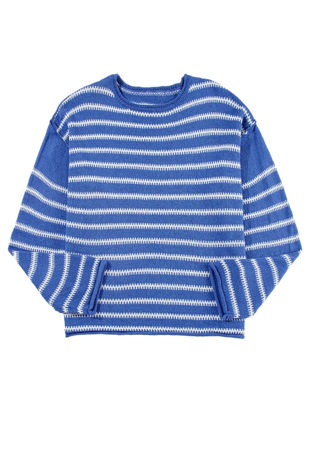 Front view of the blue striped jumper, showcasing its round neckline and cosy fit.