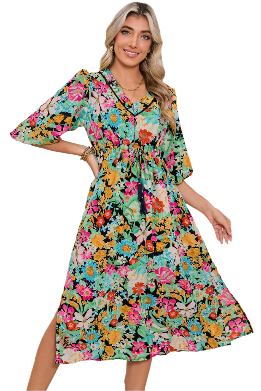 Green Floral Midi Dress Puff Sleeves - Catherine Martin