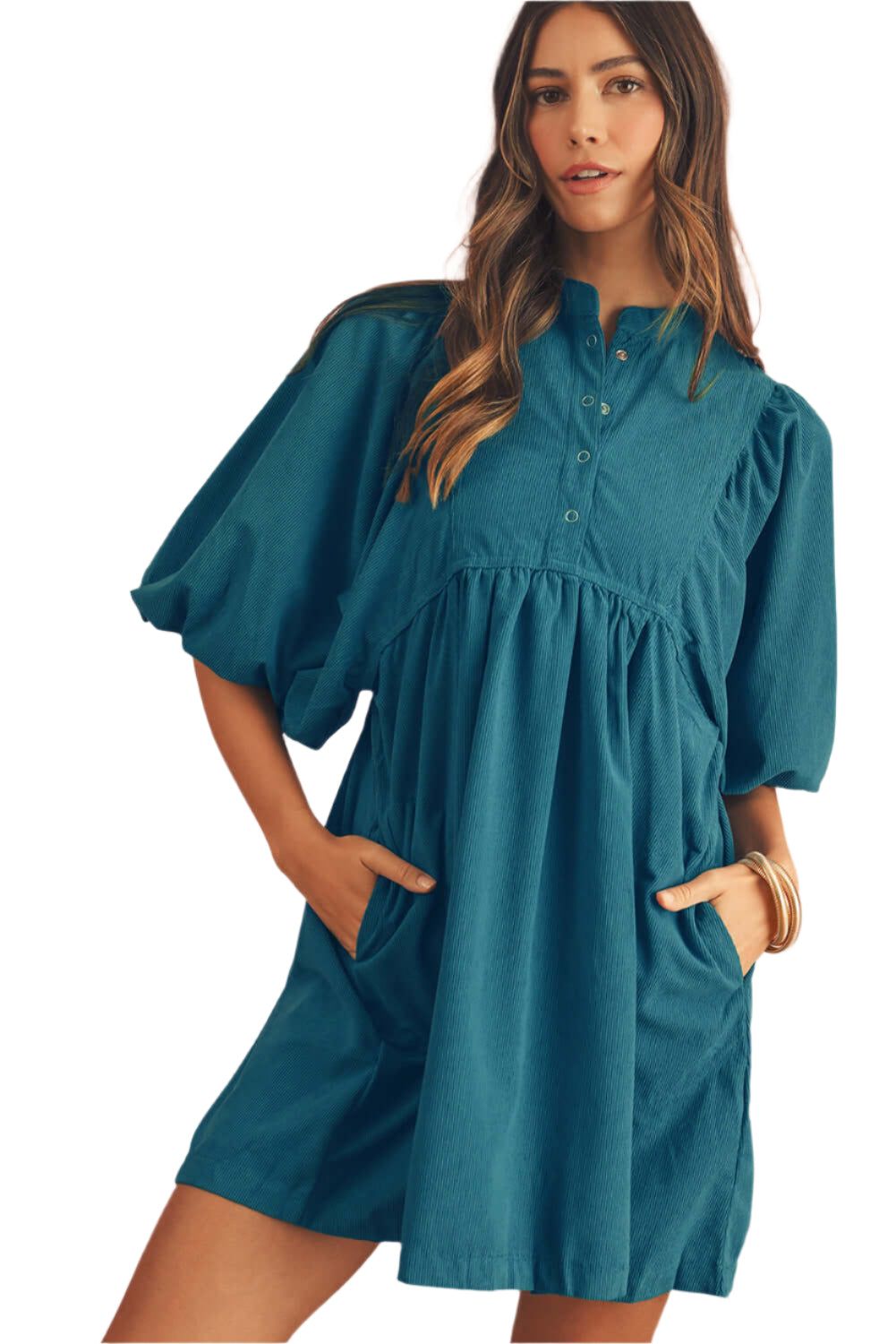 The front view of blue babydoll dress , featuring short lantern sleeves, perfect for spring and summer seasons.