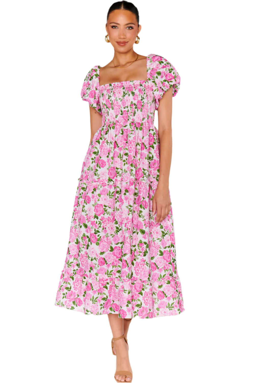 Blossom Dream Puff Sleeve Dress. Full front view.