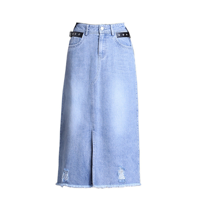 Korean Street Style Denim Midi Skirt - front view, neutral background.