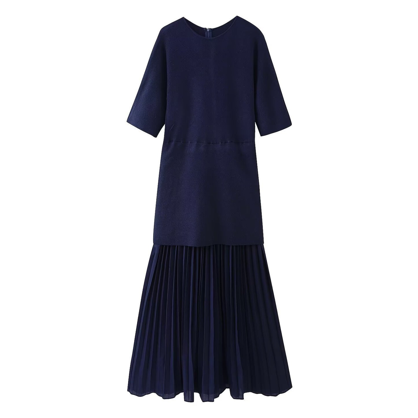 Chic Pleated Elegance Midi Dress - Navy Blue