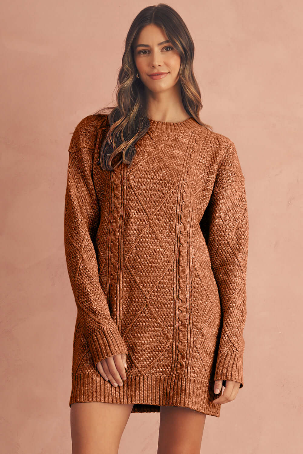 Women's Coffee Cable Knit Jumper Dress with Long Sleeves.