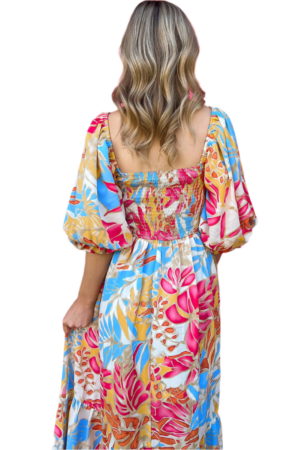 Tropical print rose red midi dress with puff sleeves and smocked bodice, breathable and stylish for versatile wear. Back view.