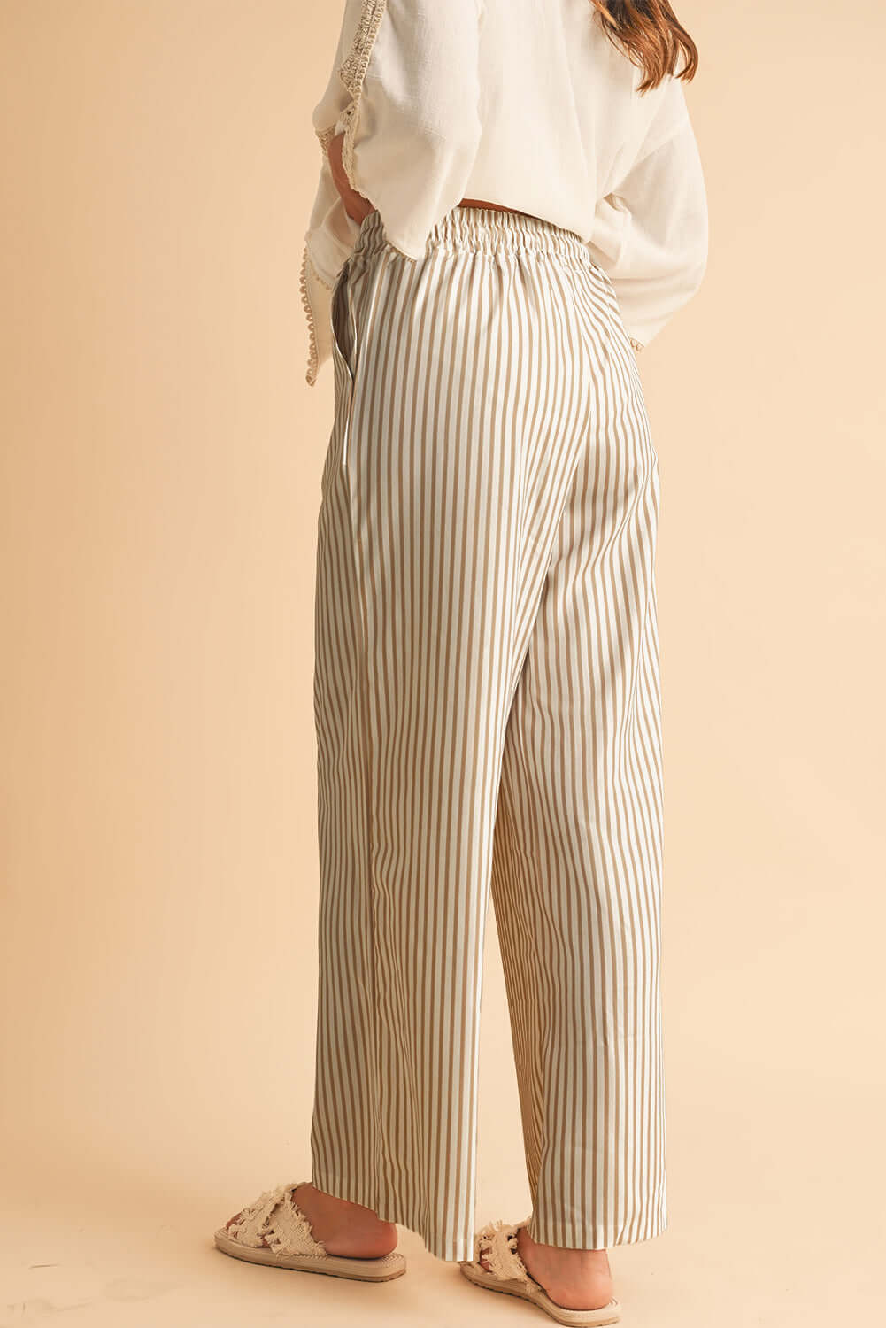 Khaki Striped Drawstring Waist Loose Pants - Catherine Martin