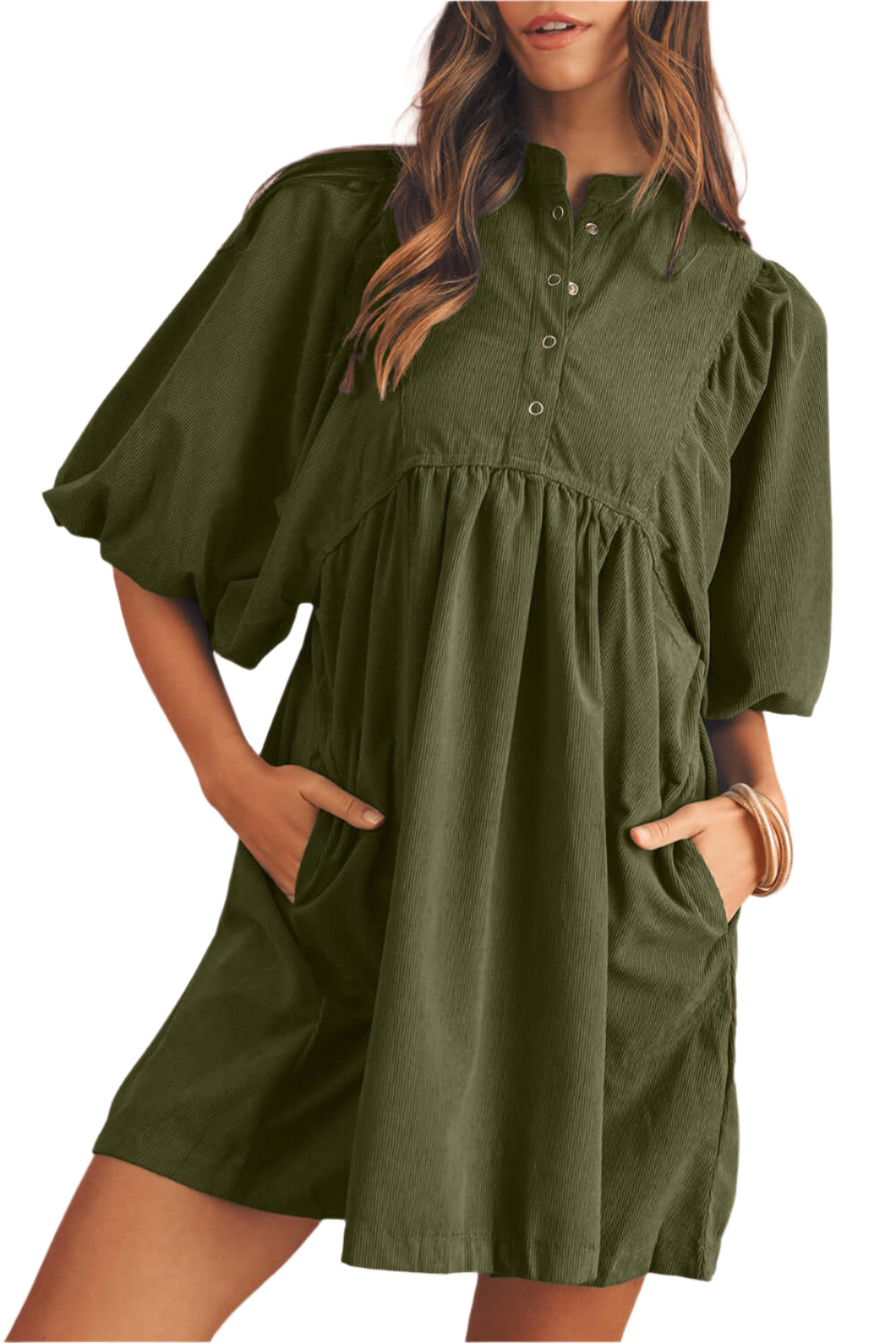 Olive Green Babydoll Dress with Short Sleeves from Catherine Martin store, Australia.
