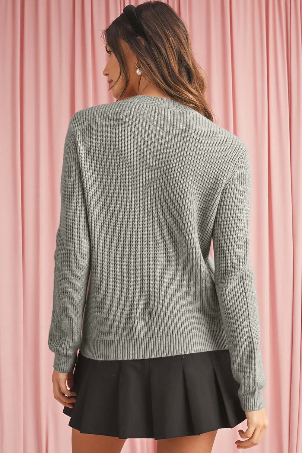 Ladies Cardigan with Bow Fronts. Gray colour. Back view.