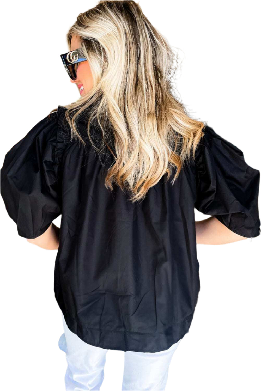 Black Ruched Puff Sleeve Blouse - Catherine Martin