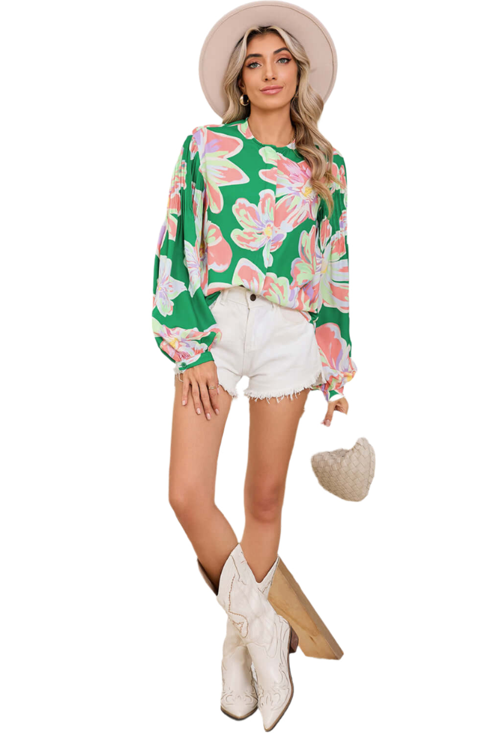 The full view of green floral blouse features pleated long sleeves and front buttons. Pair it with shorts or a skirt for a stylish, complete look.
