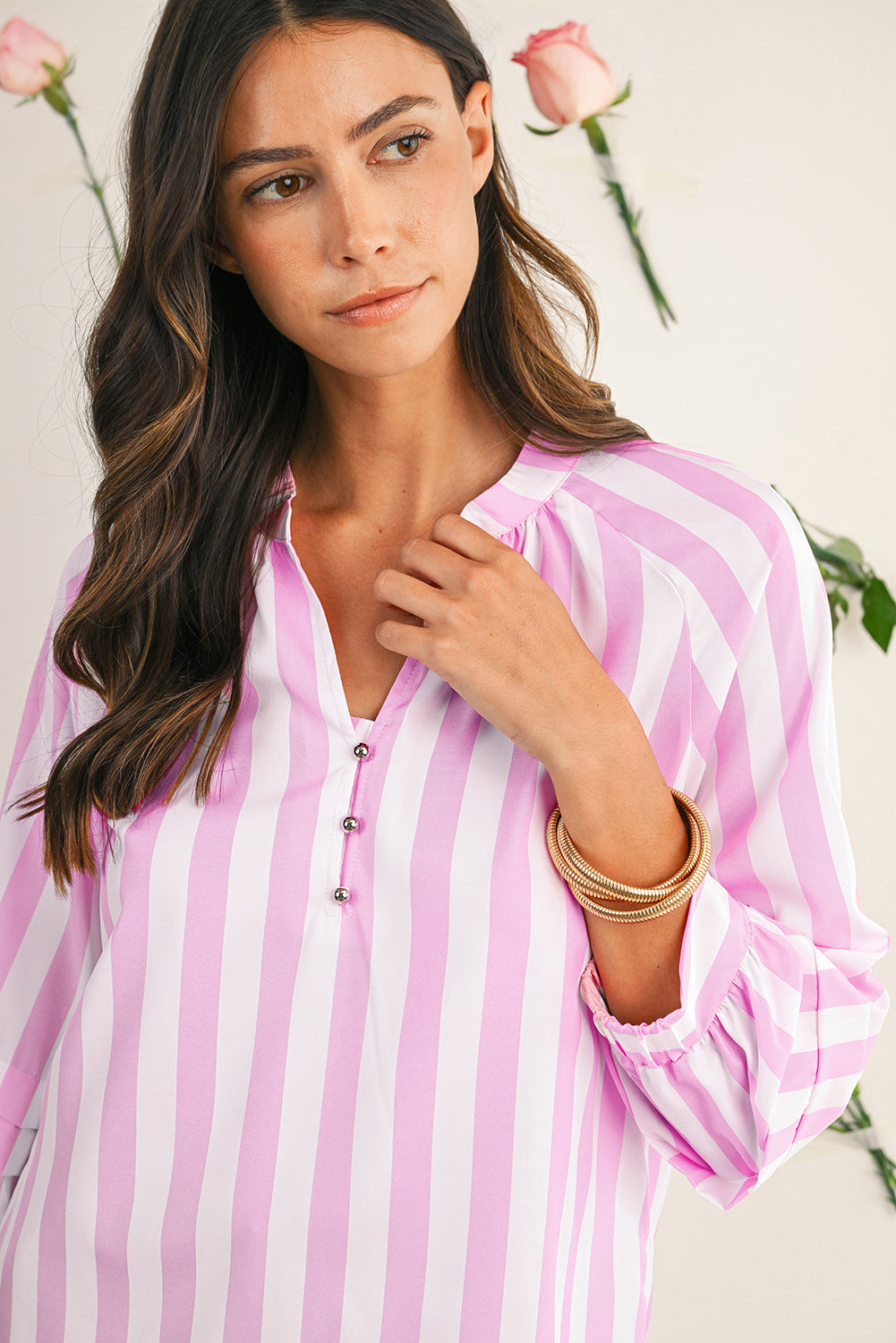 Pink and White Striped V-Neck Raglan Sleeve Blouse