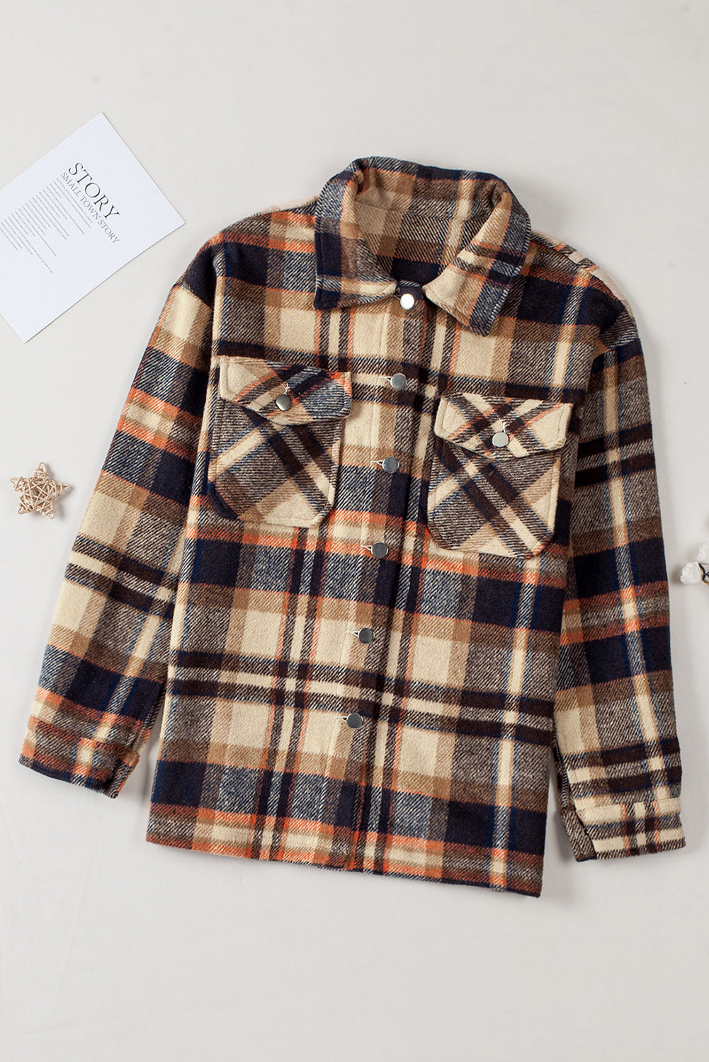Women's Chic Plaid Flannel Shirt - Orange colour. Front view.