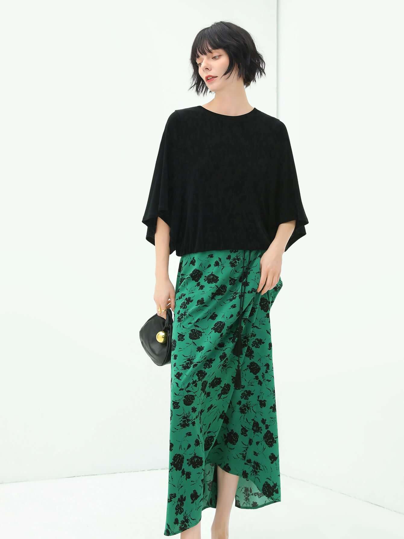 Cocobella Floral Green & Black High-Waist Midi Skirt-1