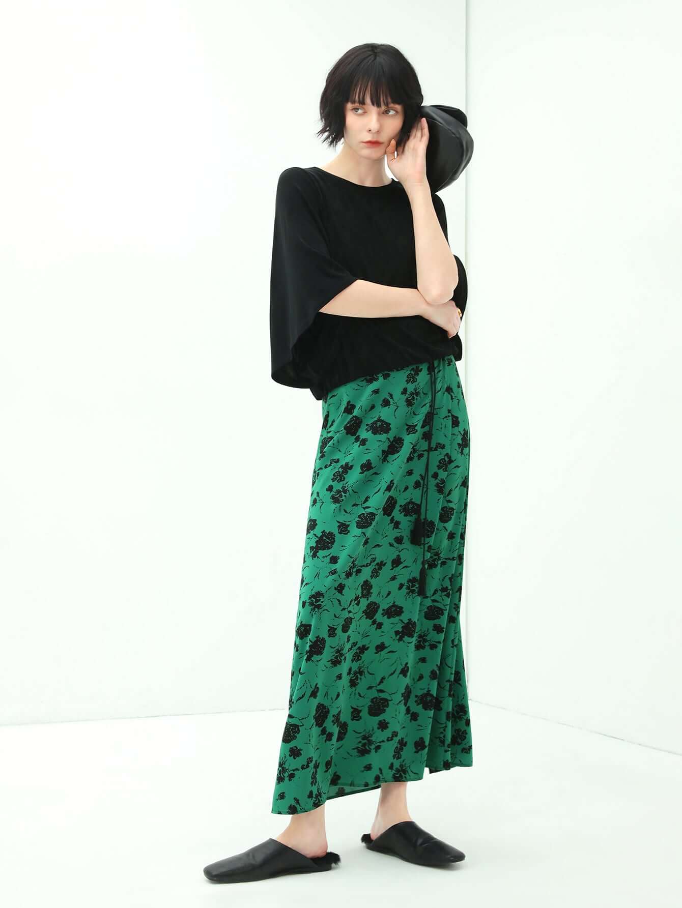 Cocobella Floral Green & Black High-Waist Midi Skirt-2