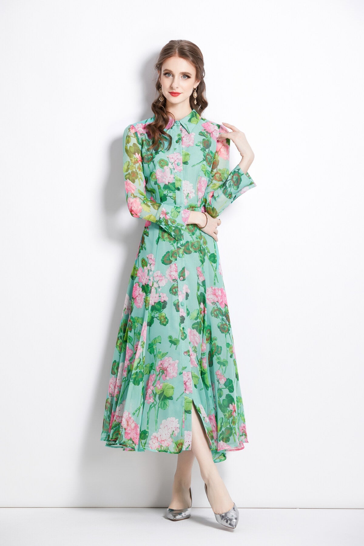 Floral Green Flared Waist Cinching LongSleeve Shirt Dress-1