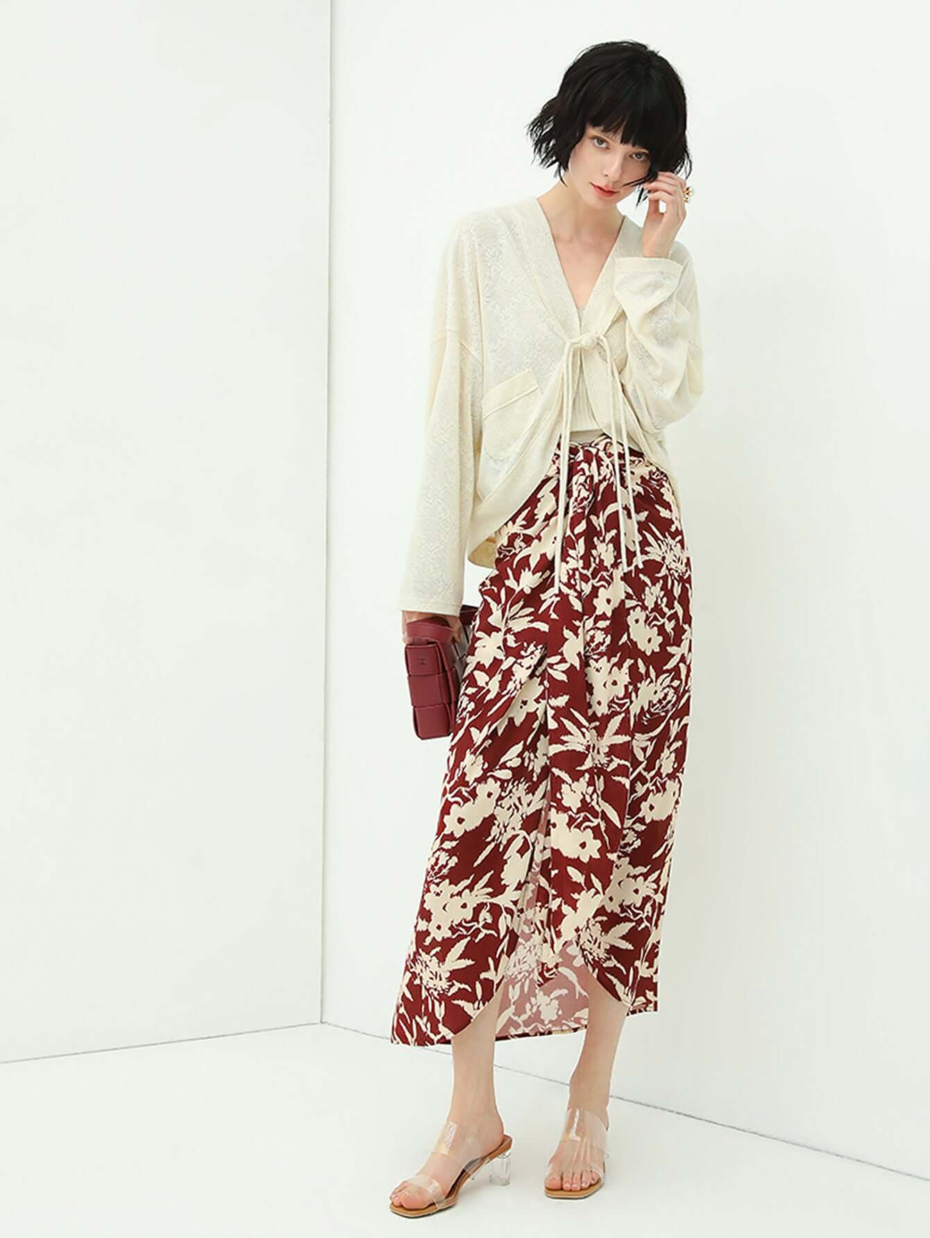 Cocobella Floral Print High-Waist Asymmetrical Midi Skirt-1