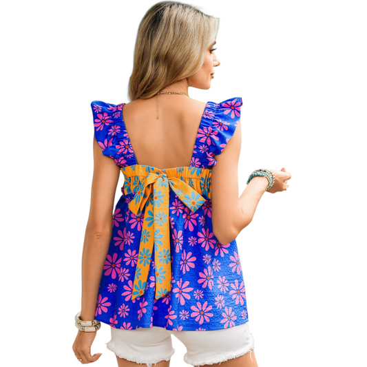 Floral Colorblock Ruffle Smocked Top