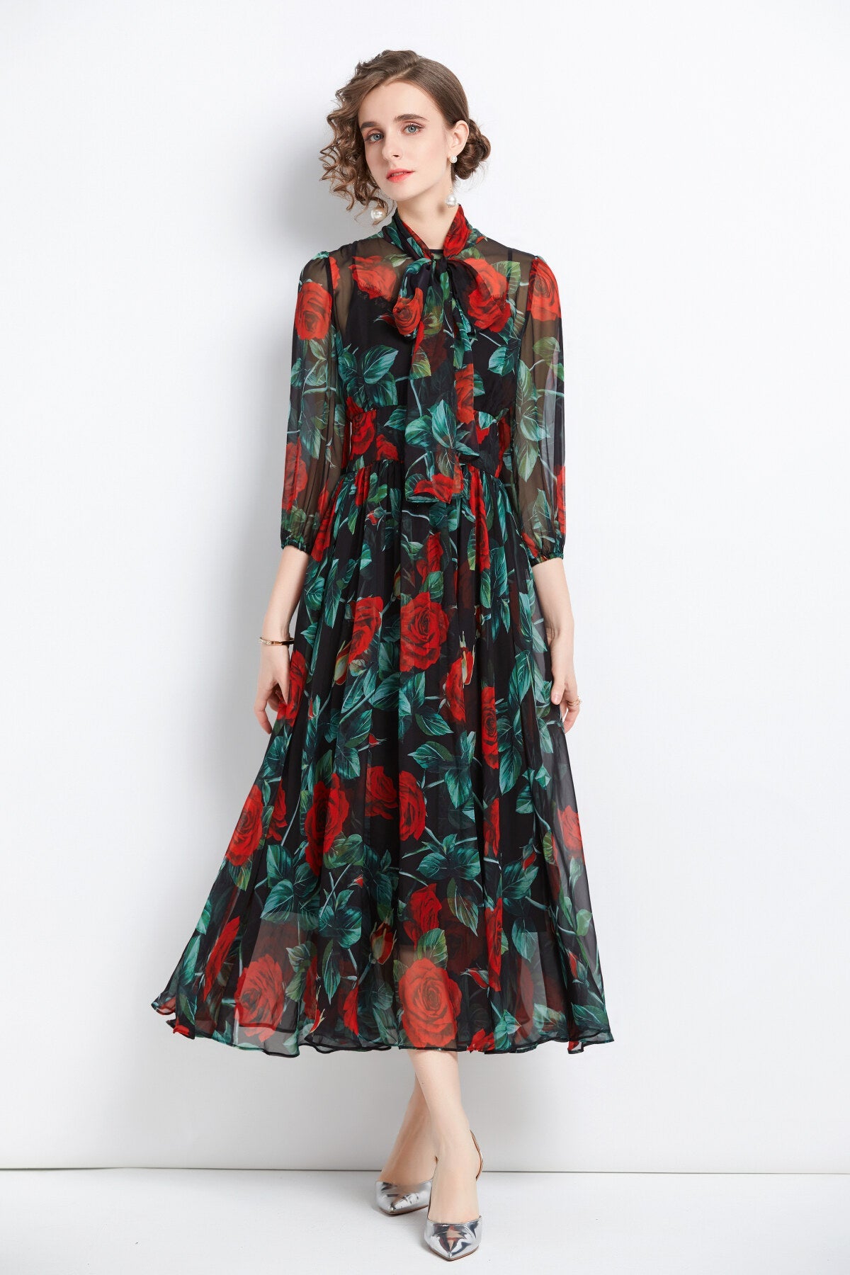 Flowy Floral Chiffon Vacation Dress-1