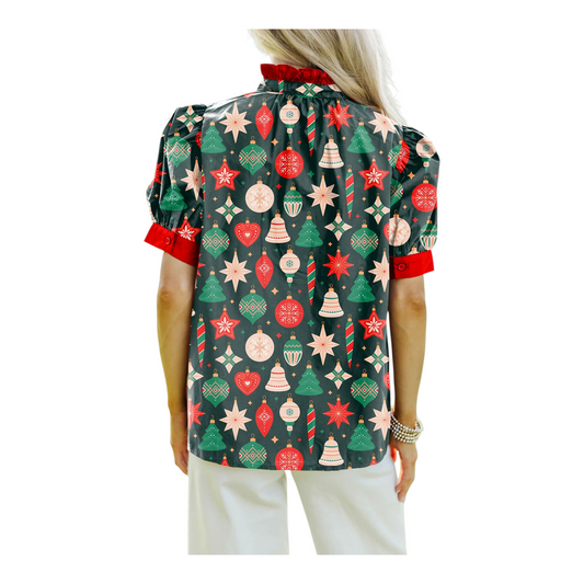 Frilled Neck Bubble Sleeve Christmas Print Blouse