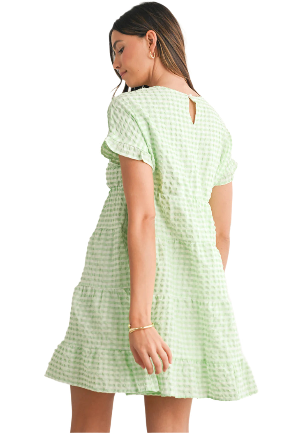 Green Plaid Tiered Mini Dress - Catherin Martin. Side view.