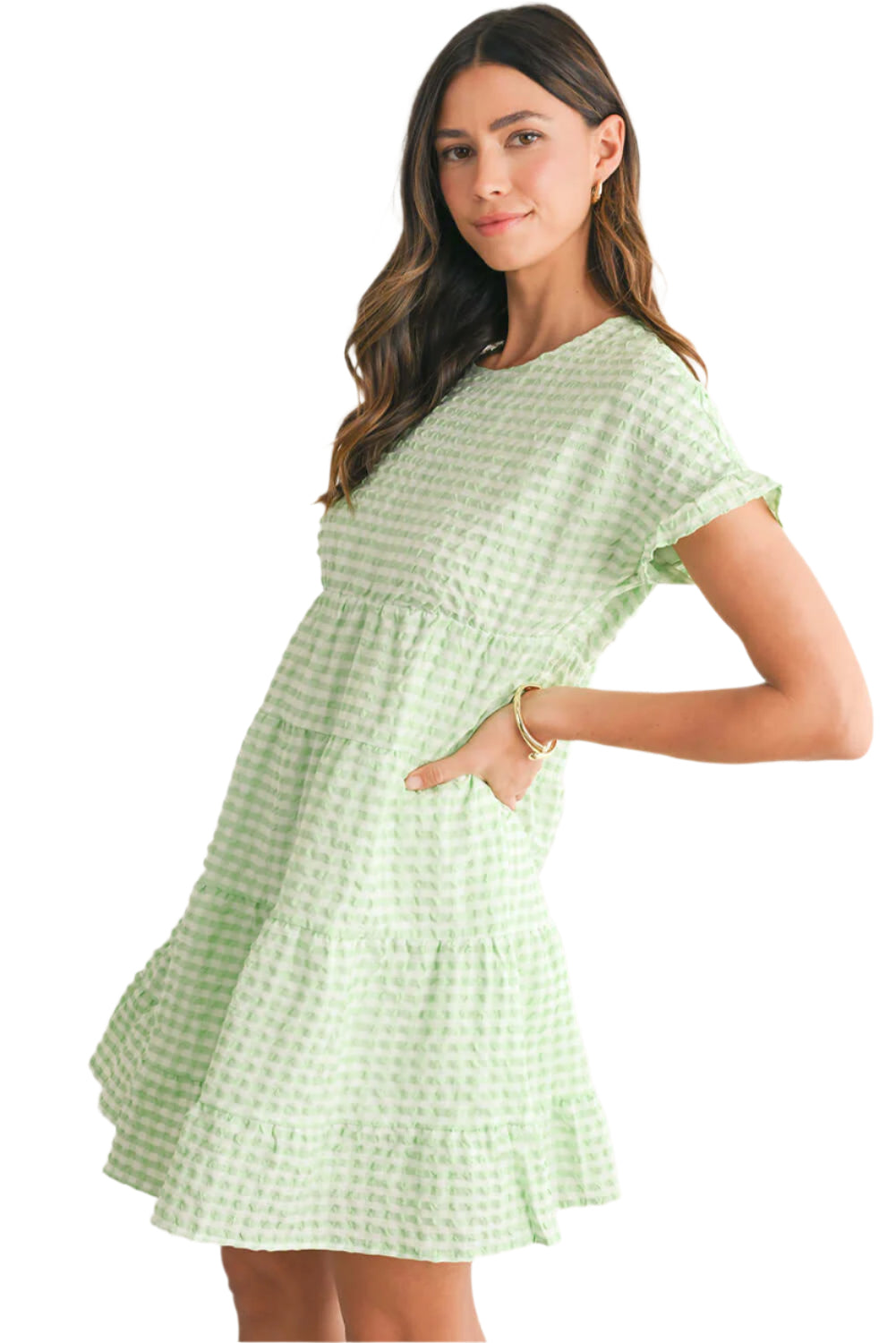 Green Plaid Tiered Mini Dress - Catherine Martin. Full side view.