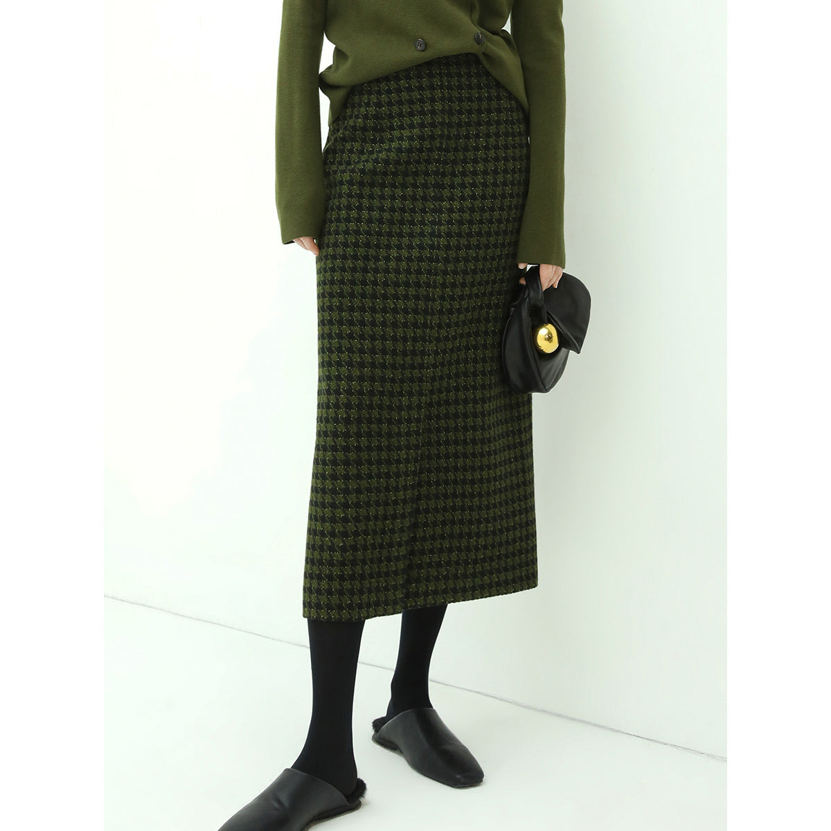 Cocobella Elegant Green Houndstooth Midi Skirt-3