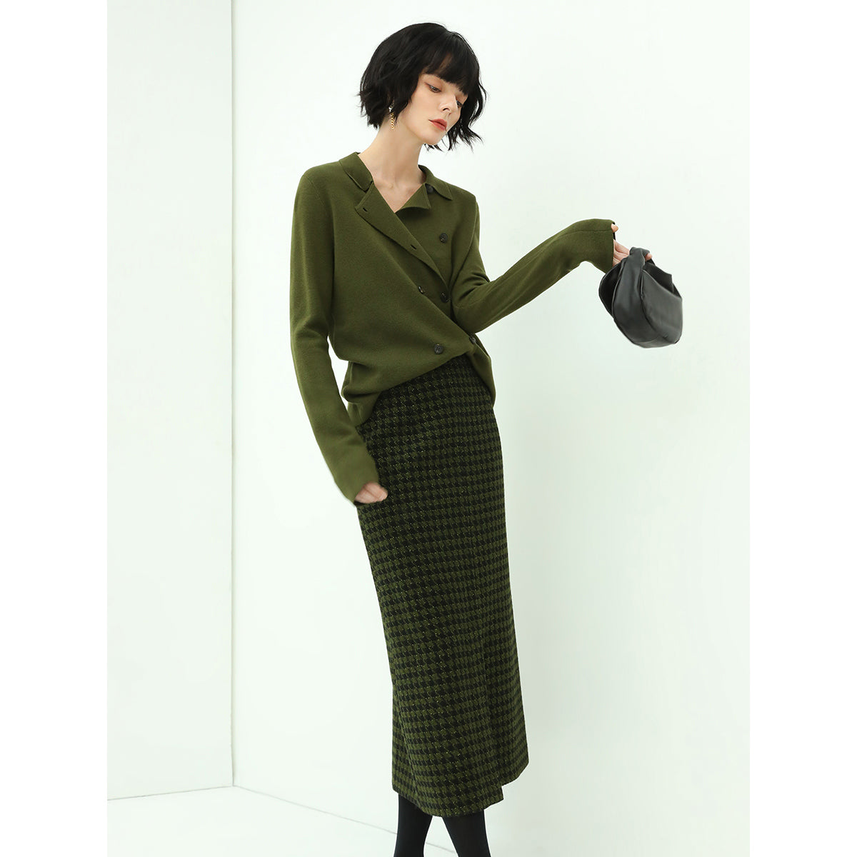 Cocobella Elegant Green Houndstooth Midi Skirt-0