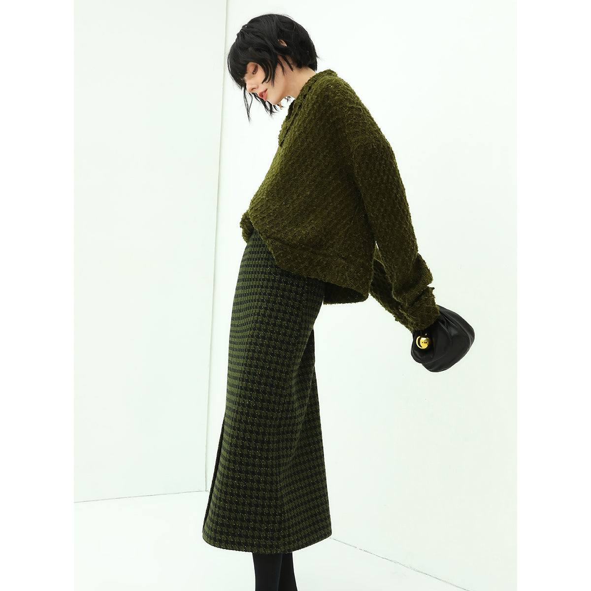 Cocobella Elegant Green Houndstooth Midi Skirt-1