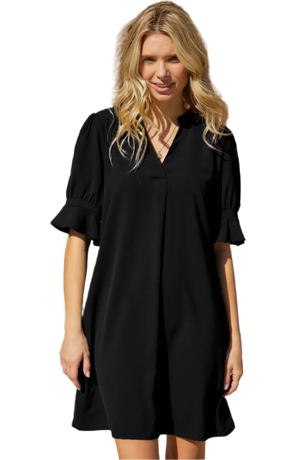Front view of a ladies' black dress with soft ruffle sleeve details and a modern minimalist silhouette.