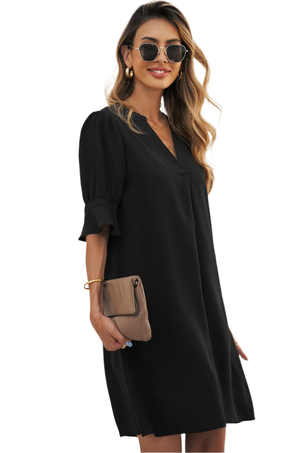 Elegant black dress for women, featuring a relaxed fit and ruffle sleeves, perfect for casual or semi-formal occasions.