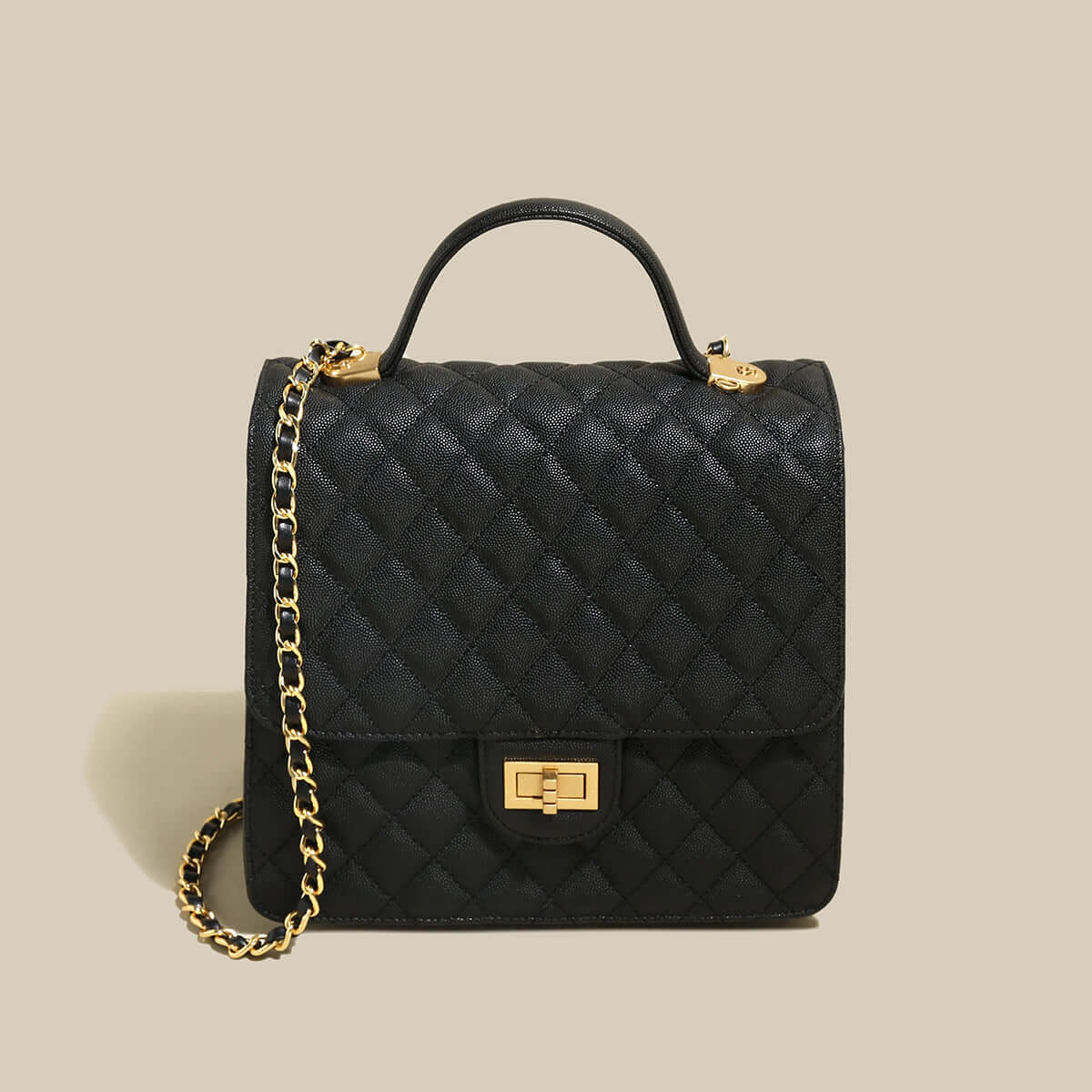 Elegant Leather Chain Strap Black Quilted Flap Satchel Backpack-0