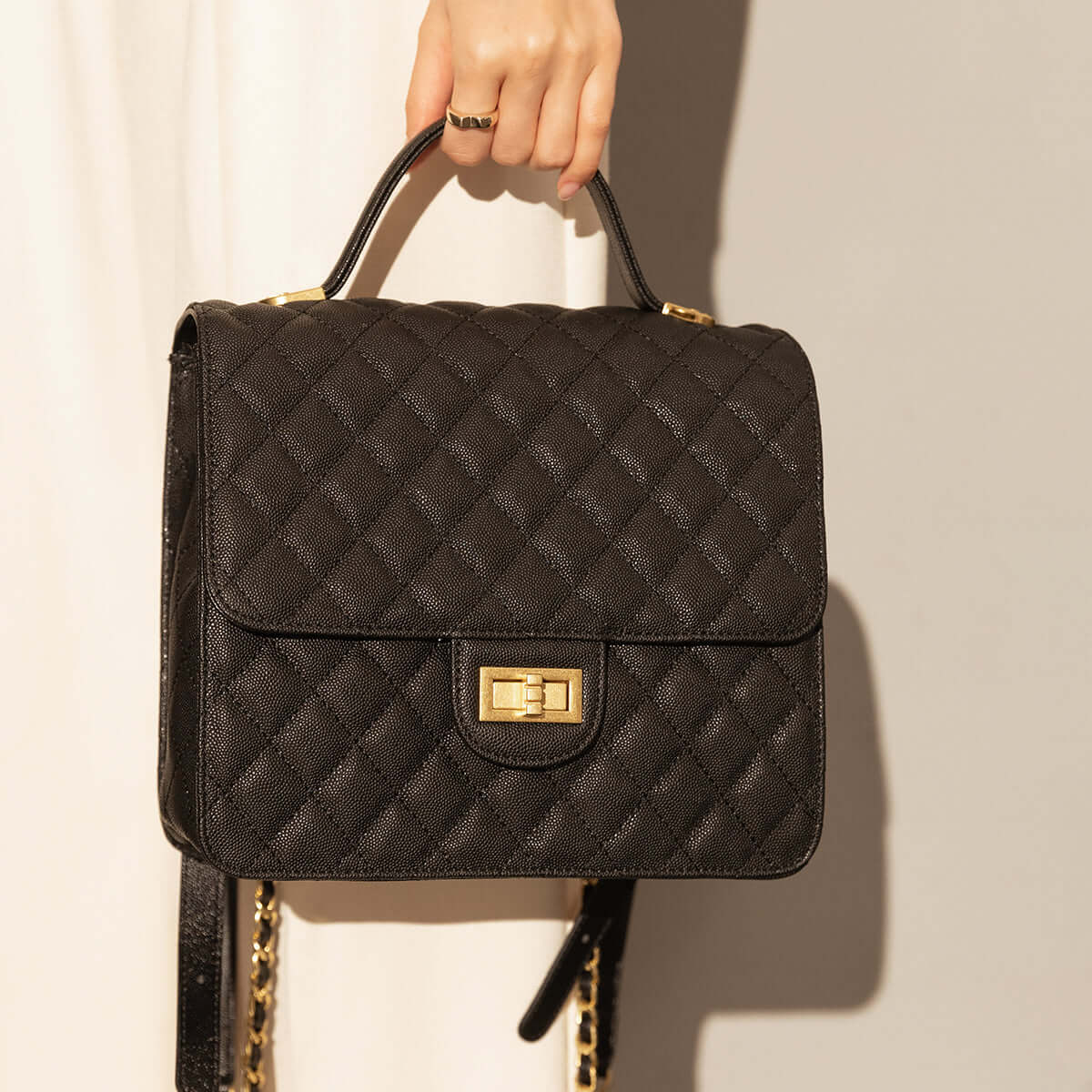 Elegant Leather Chain Strap Black Quilted Flap Satchel Backpack-2